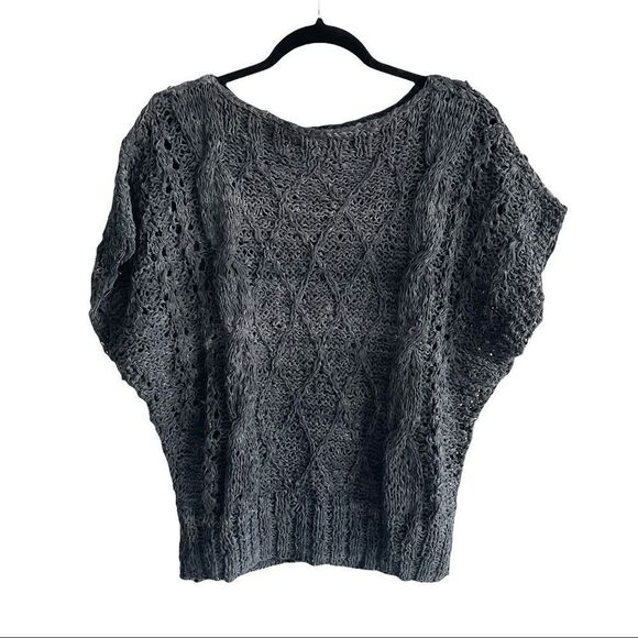 SOLEY Hand Knitted Leather Woven Knit Top Shirt Sweater Blue Blue O/S